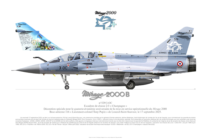 MIRAGE 2000B 529-3-OC - 41 ans mise en service - 2/3 "Champagne" avec texte explicatif